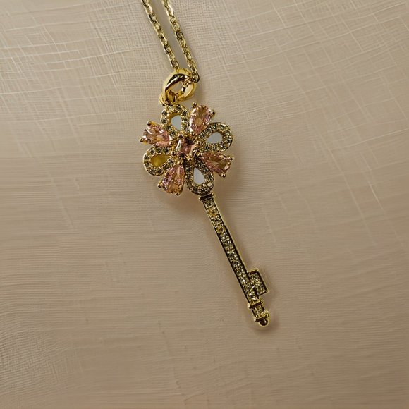 Gold 2 ct Zircon and Rose Quartz Pendant Necklace - Picture 5 of 17